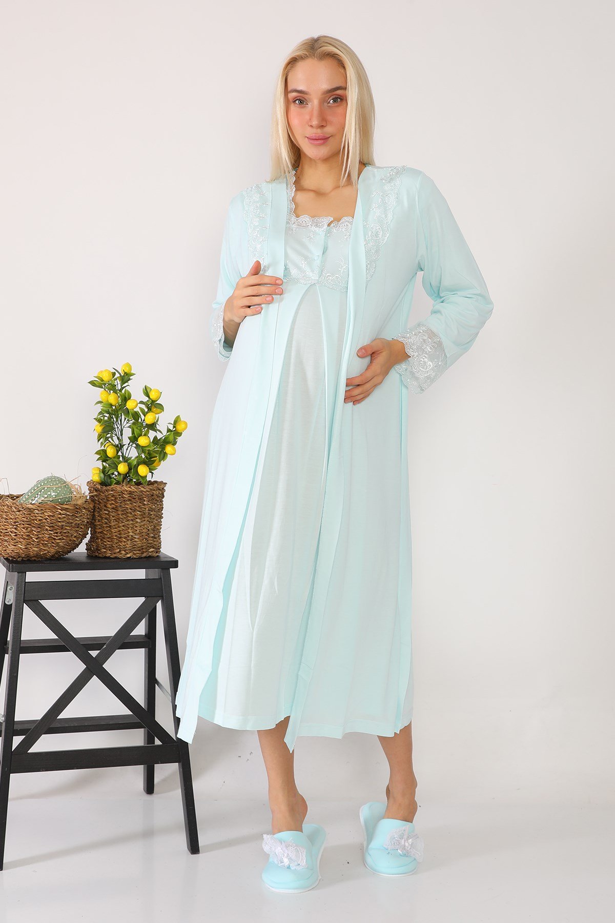 Lohusa Hamile 2602 Turkuaz Uzun Sabahlıklı Lohusa Gecelik Takımı