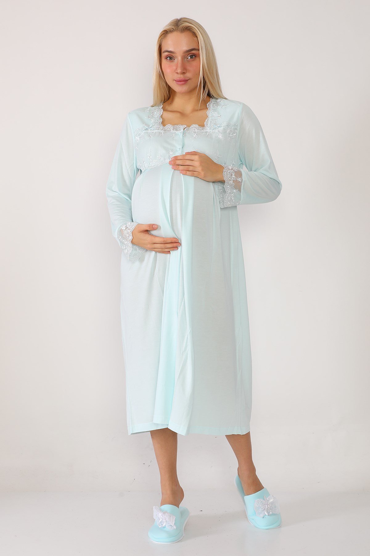 Lohusa Hamile 2602 Turkuaz Uzun Sabahlıklı Lohusa Gecelik Takımı