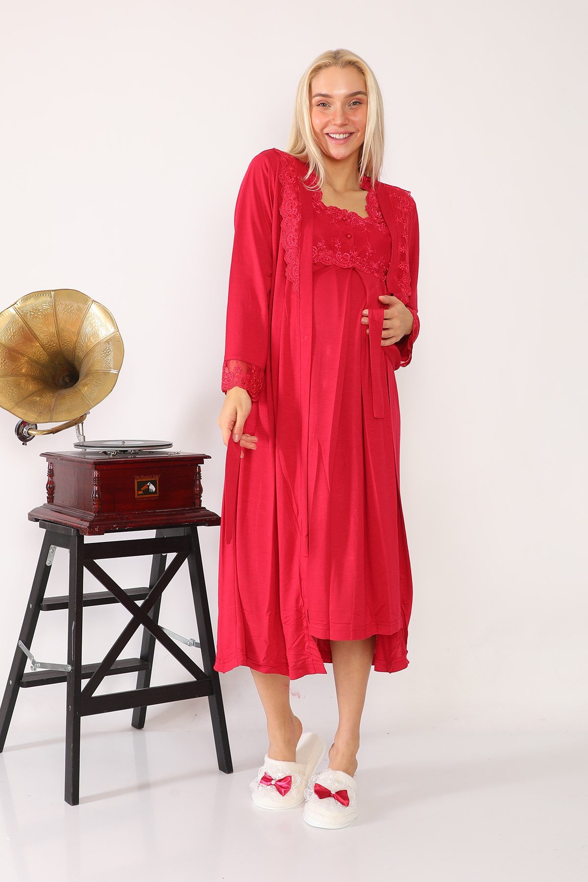 Lohusa Hamile 2602 Vişne Uzun Sabahlıklı Lohusa Gecelik Takımı