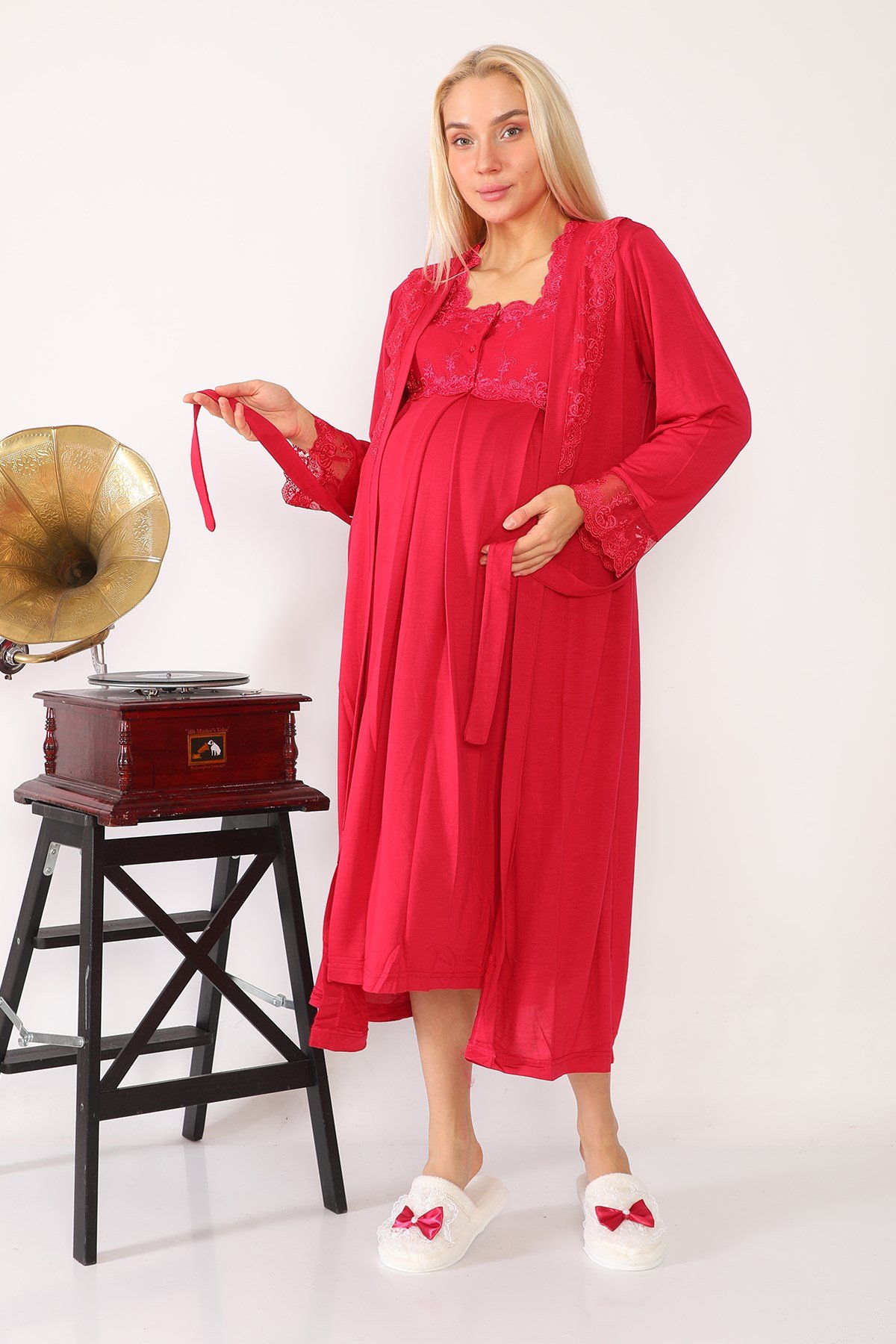 Lohusa Hamile 2602 Vişne Uzun Sabahlıklı Lohusa Gecelik Takımı