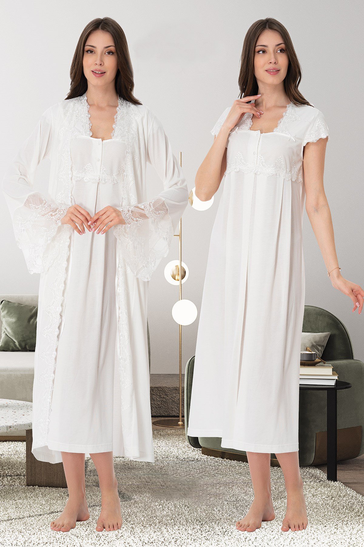 Lohusa Hamile 5010 Prenses Dantelli Sabahlıklı Lohusa Gecelik Takımı