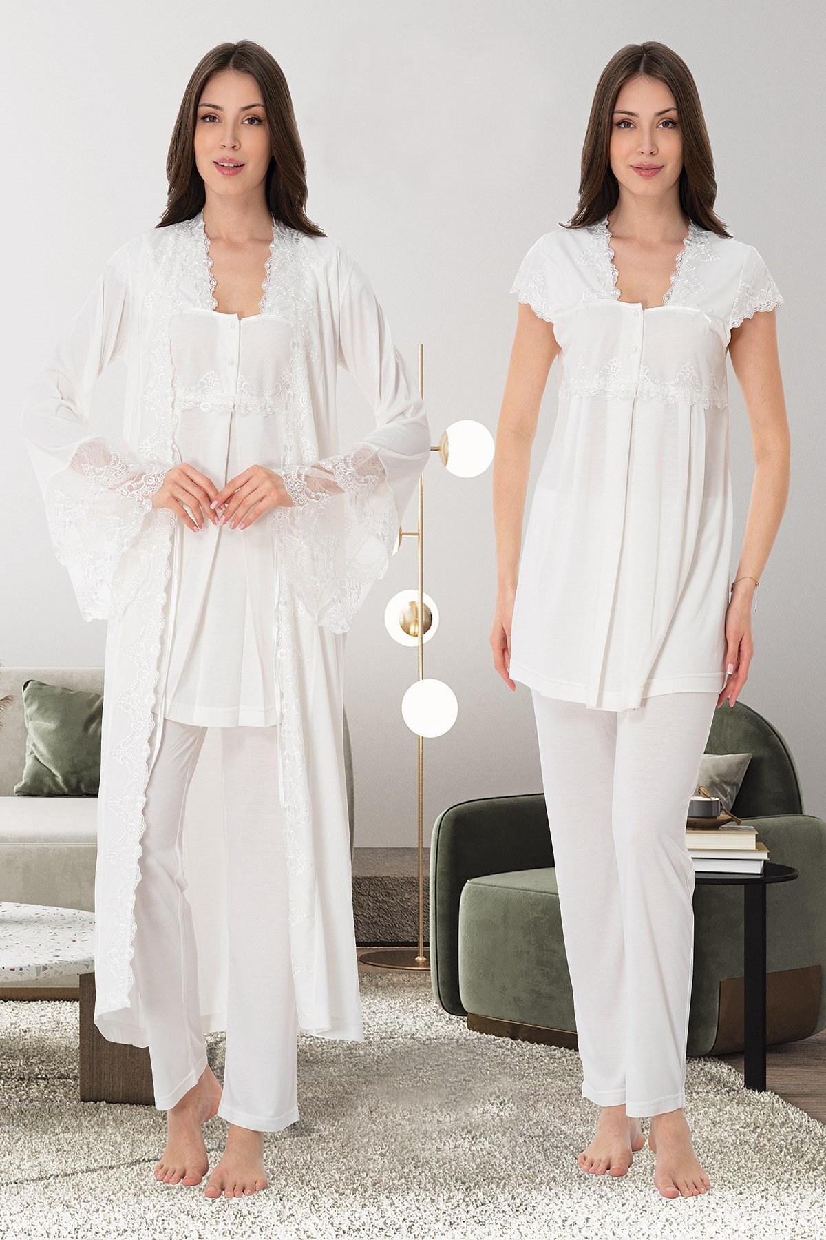 Lohusa Hamile 5011 Prenses Dantelli Sabahlıklı Lohusa Pijama Takımı