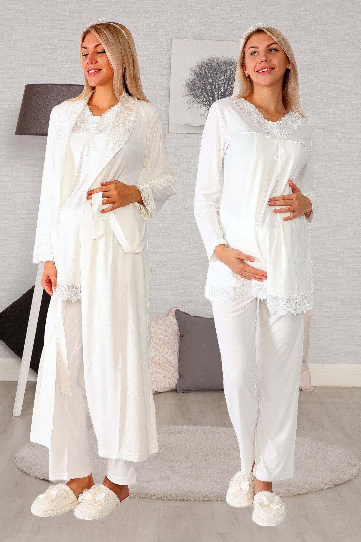 Lohusa Hamile 6034 Ekru Uzun Sabahlıklı Lohusa Pijama Takımı