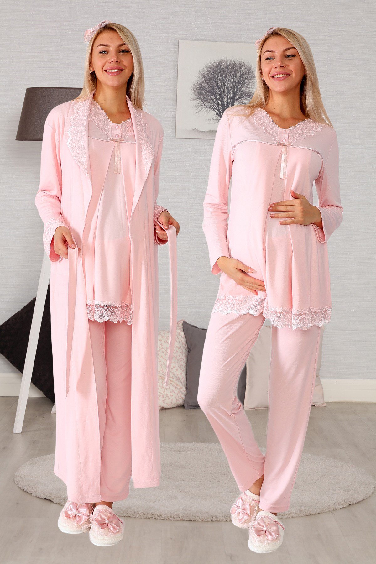 Lohusa Hamile 6034 Pudra Uzun Sabahlıklı Lohusa Pijama Takımı