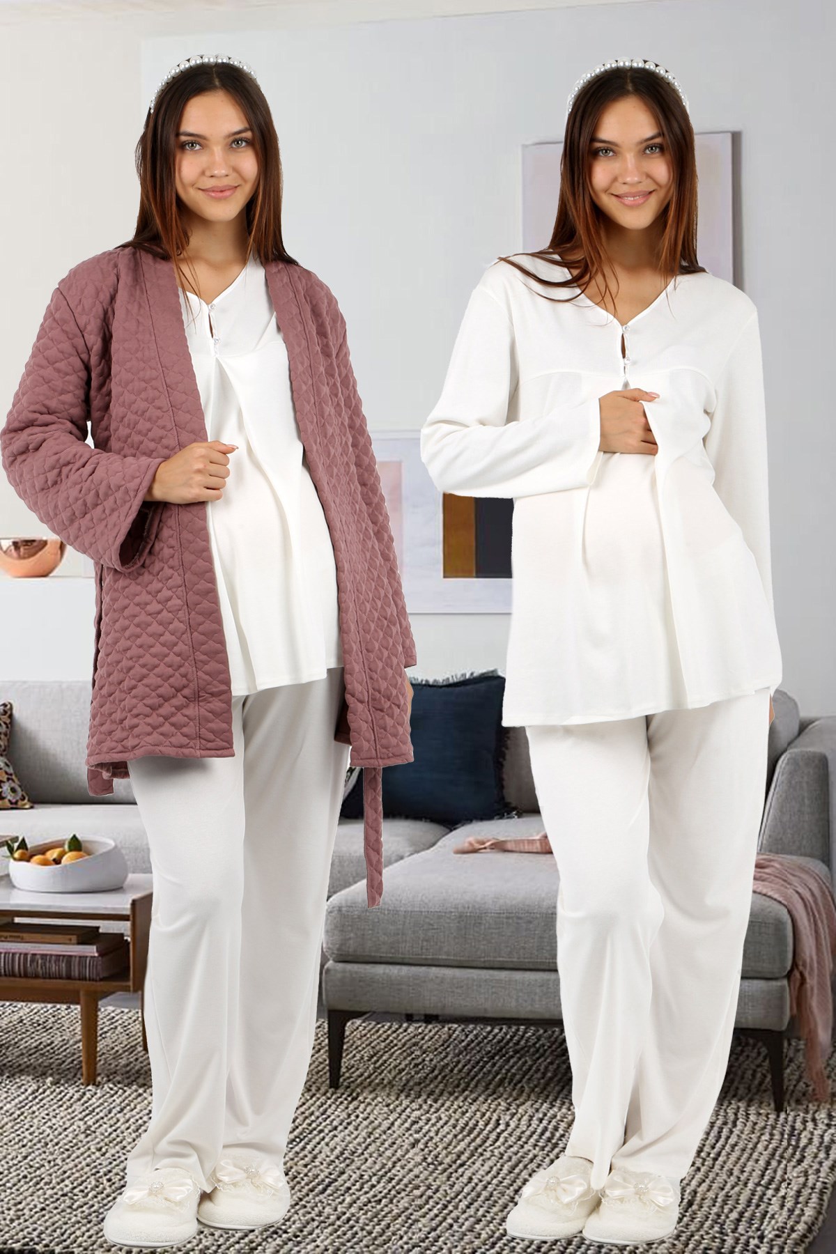 Lohusahamile 10172 Gülkurusu Kapitone Sabahlıklı Lohusa Pijama Takımı
