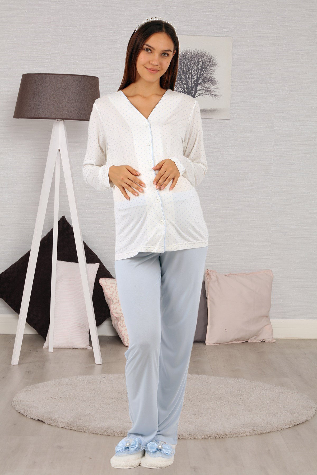 Lohusahamile 1032 Mavi Puanlı Önden Düğmeli Lohusa Pijama Takımı