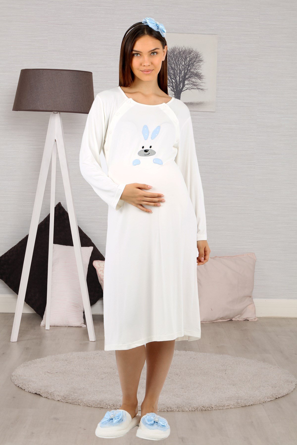 Lohusahamile 30930 Mavi Tavşan Desenli Lohusa Gecelik