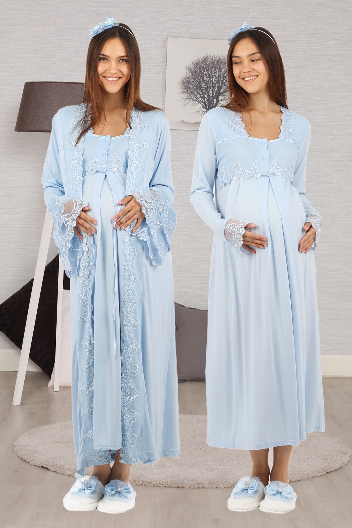 Lohusahamile 70150 mavi Prenses Sabahlıklı Lohusa Gecelik Takımı