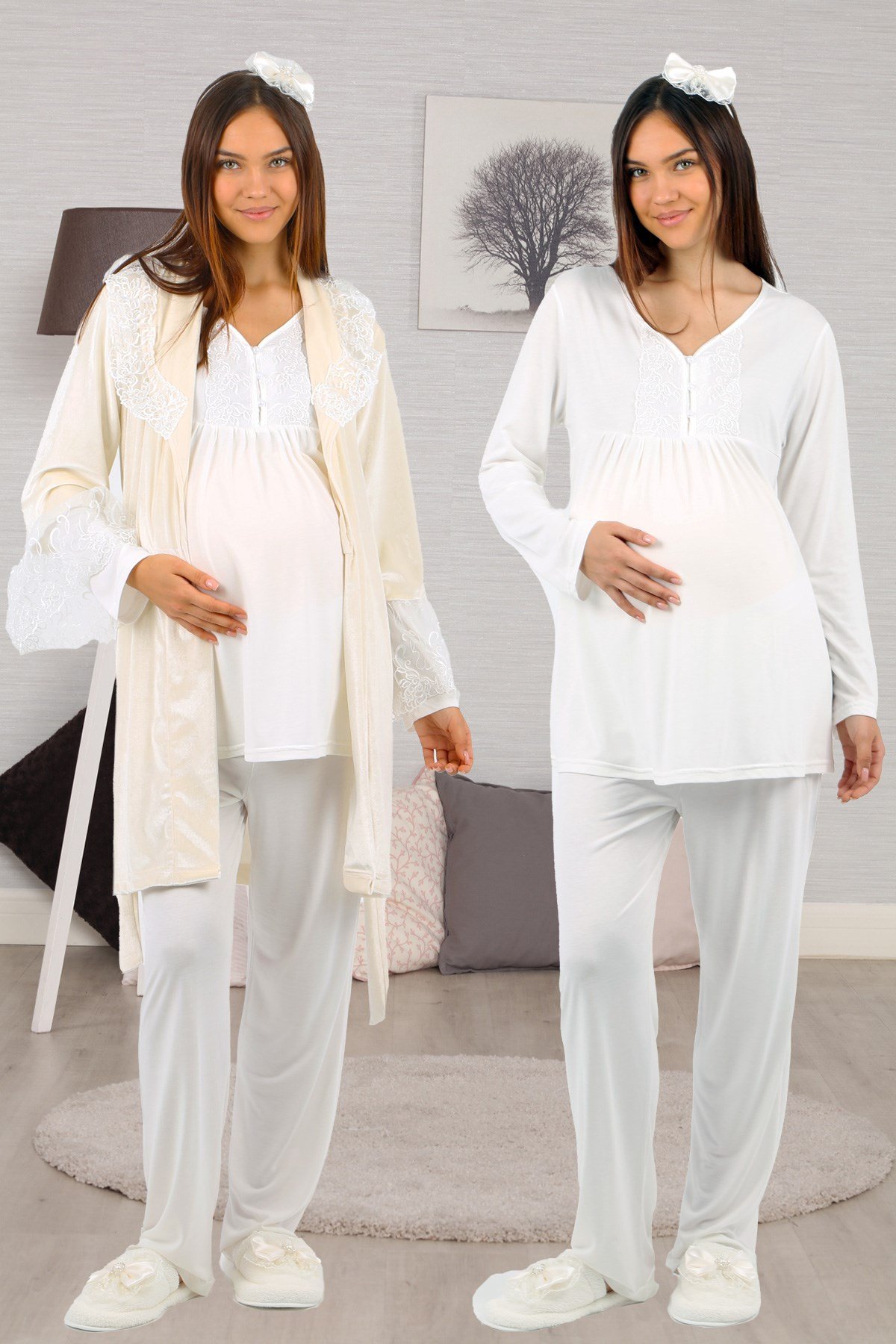 Lohusahamile 80880 Ekru Kadife Sabahlıklı Dantelli Lohusa Pijama Takımı