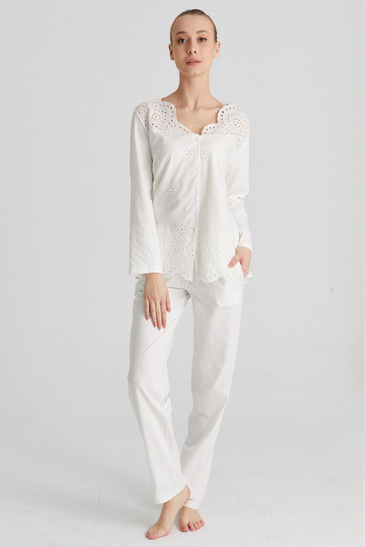 Magic Form 17108 Ekru Brodeli Lohusa Pijama Takımı