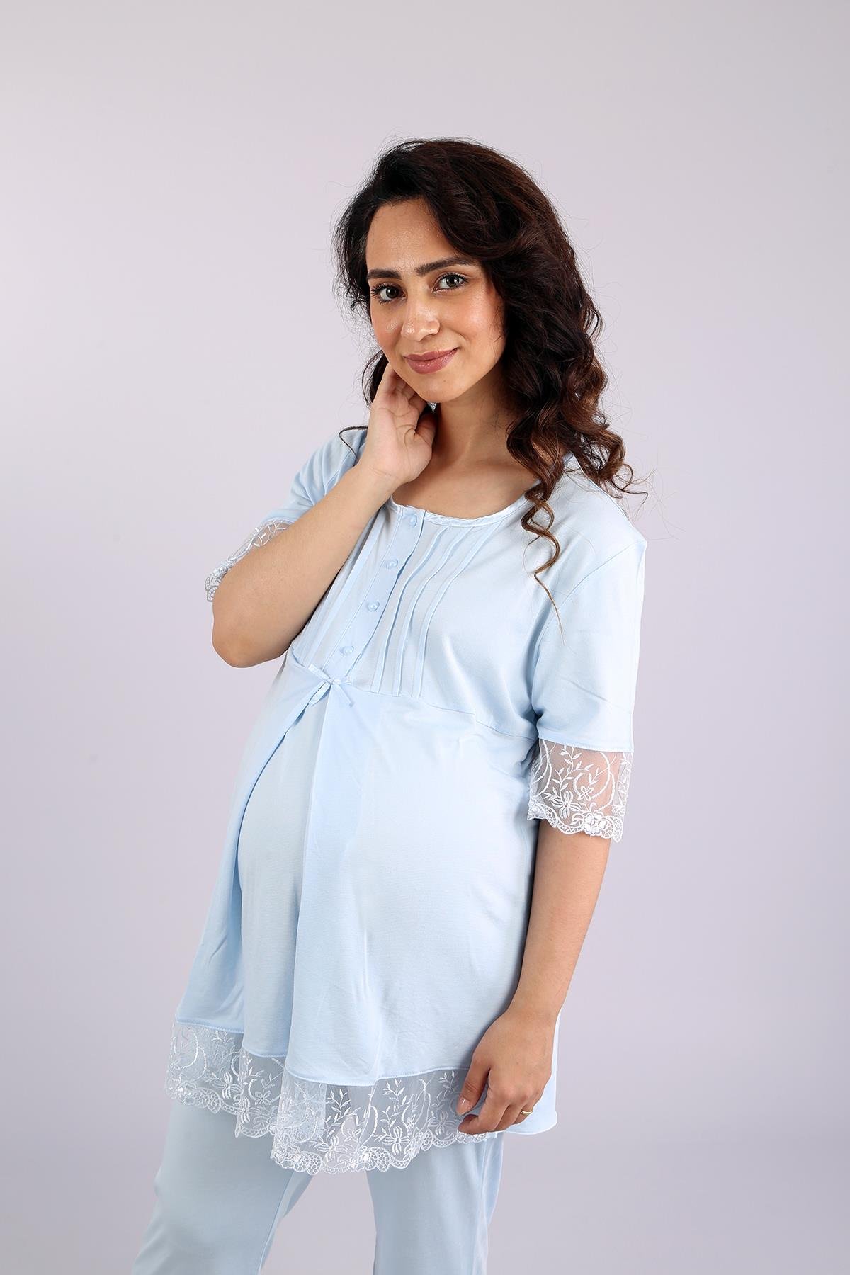 Mavi Gizli Emzirme Özellikli Lohusa Pijama Takımı - 1062