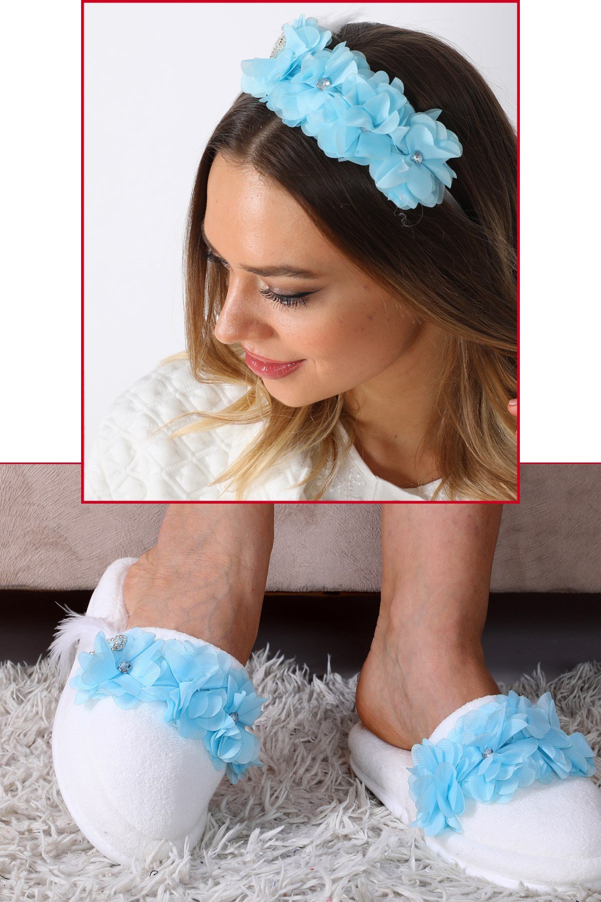 Mavi Lotus Lohusa tac ve Lohusa Terlik Seti