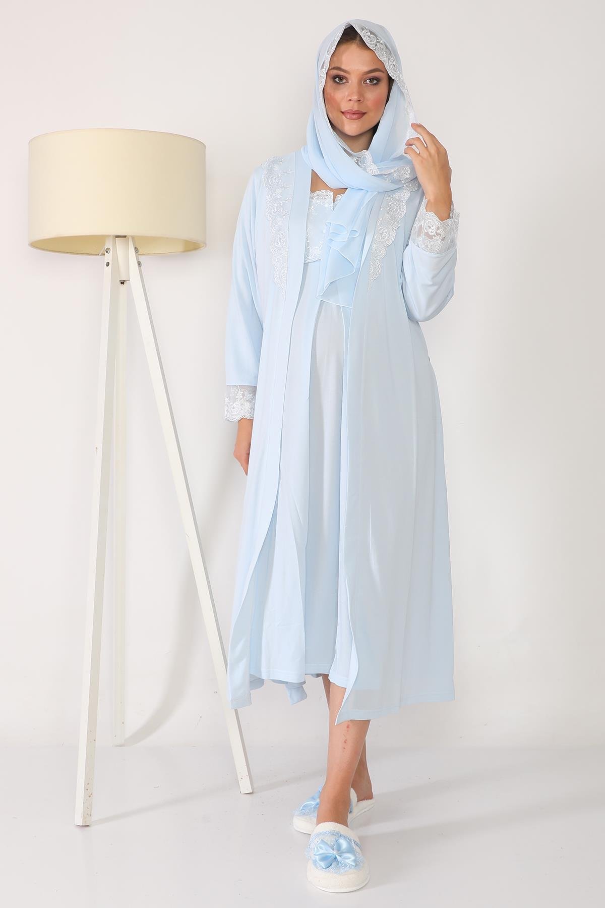 Mavi Tesettürlü Sabahlıklı Lohusa Gecelik Takımı