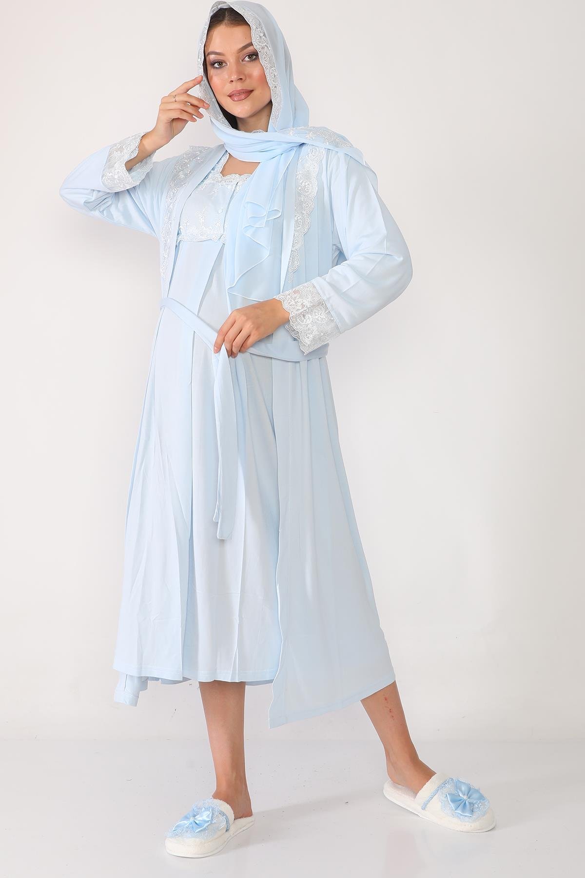 Mavi Tesettürlü Sabahlıklı Lohusa Gecelik Takımı