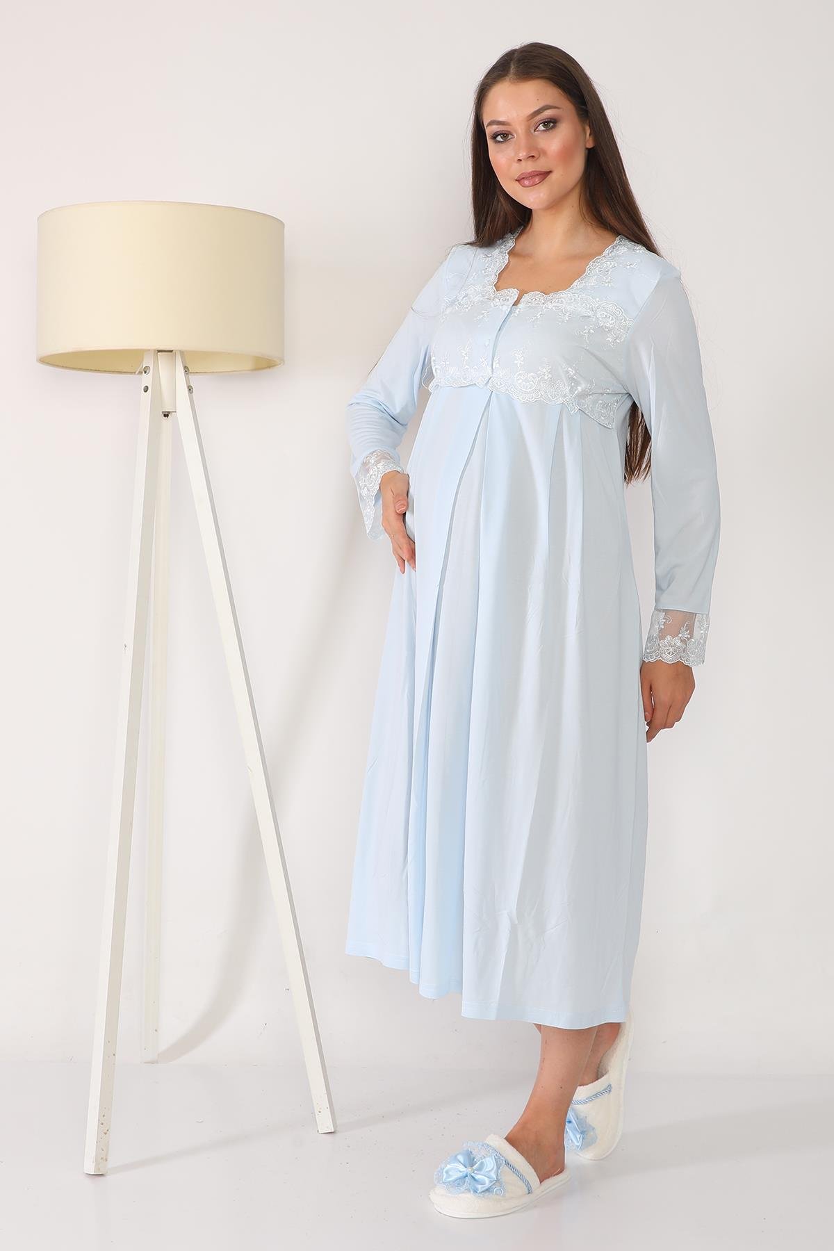 Mavi Tesettürlü Sabahlıklı Lohusa Gecelik Takımı