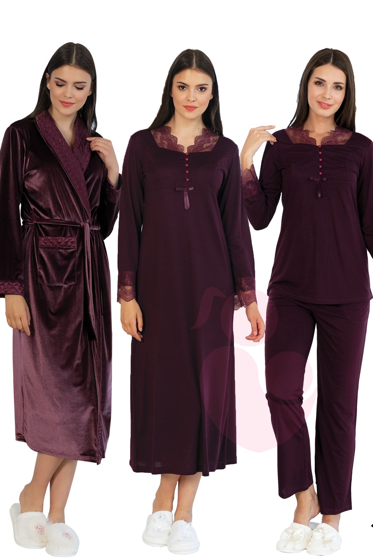 Mecit 10024 Bordo Kadife Sabahlıklı Lohusa Hamile 4lü Set