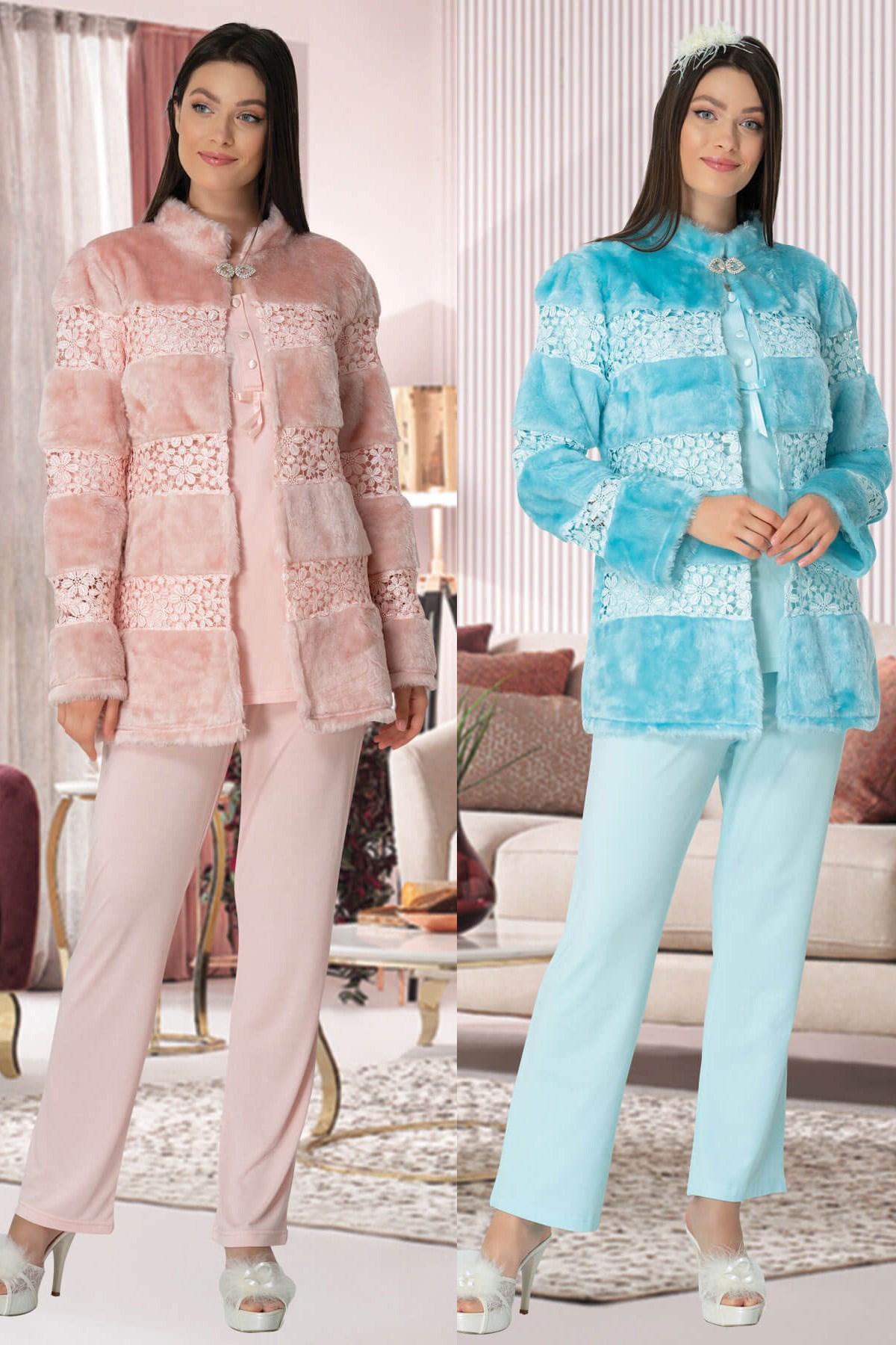 Mecit 5129 Dantel Peluşlu Sabahlıklı Lohusa Pijama Takımı