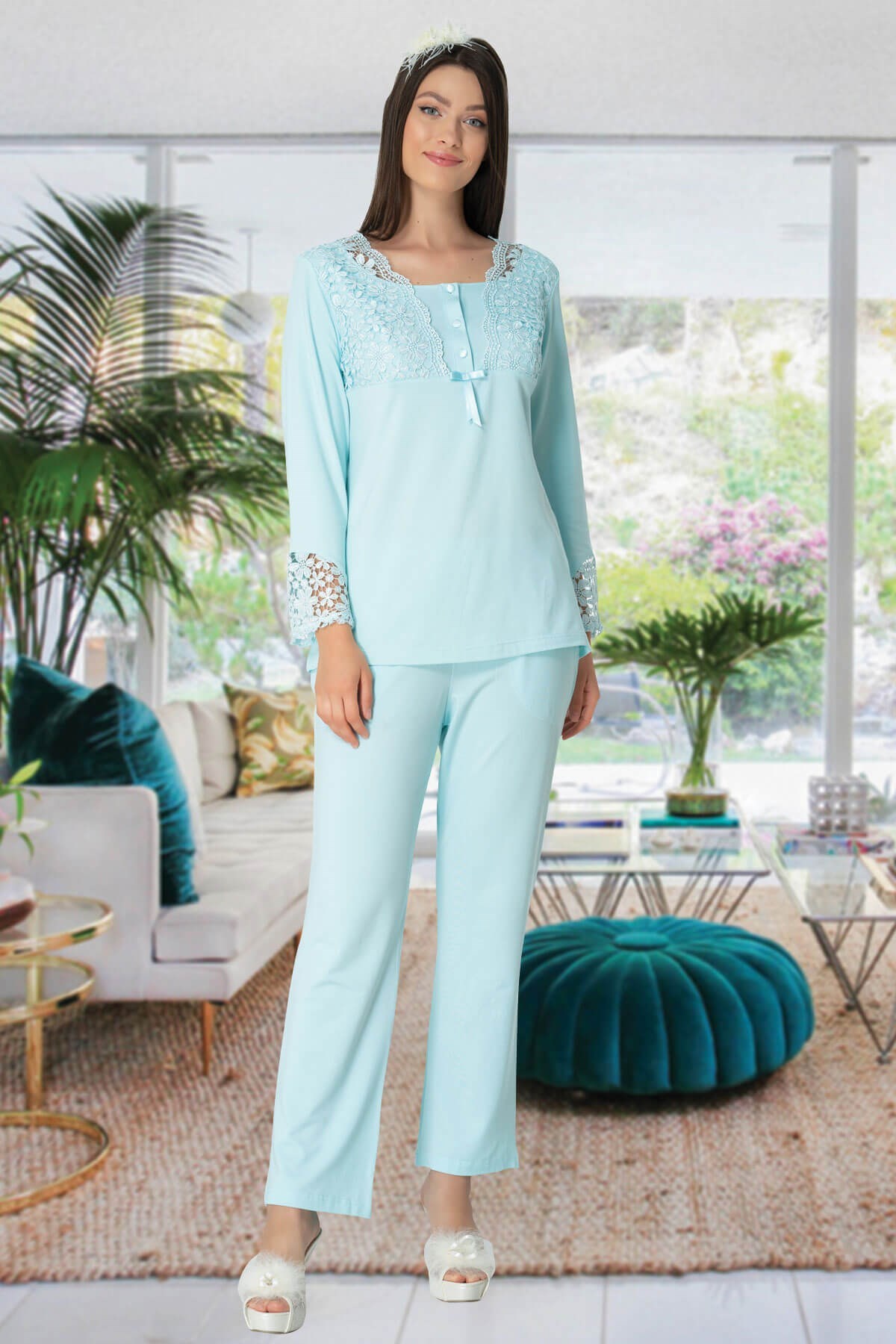 Mecit 5129 Dantel Peluşlu Sabahlıklı Lohusa Pijama Takımı
