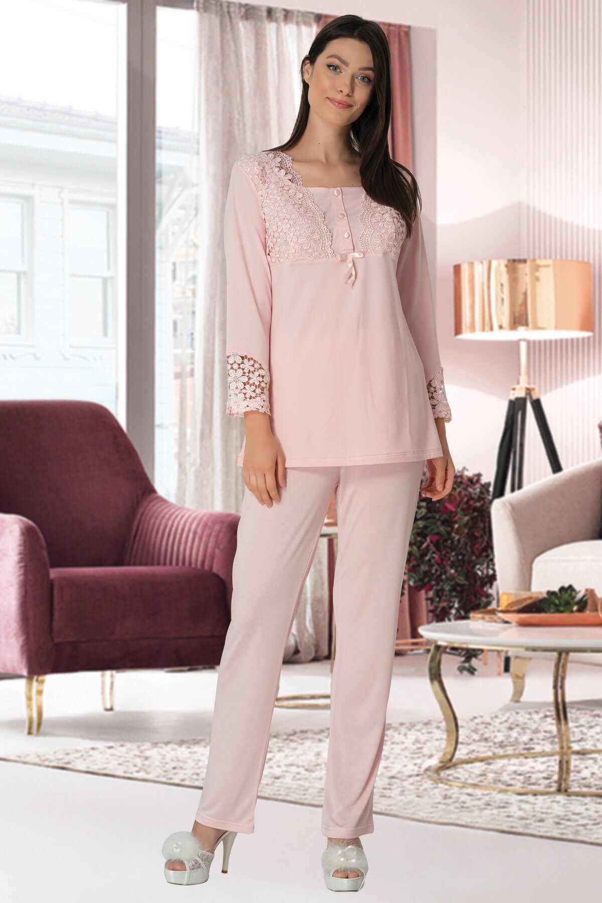 Mecit 5129 Dantel Peluşlu Sabahlıklı Lohusa Pijama Takımı