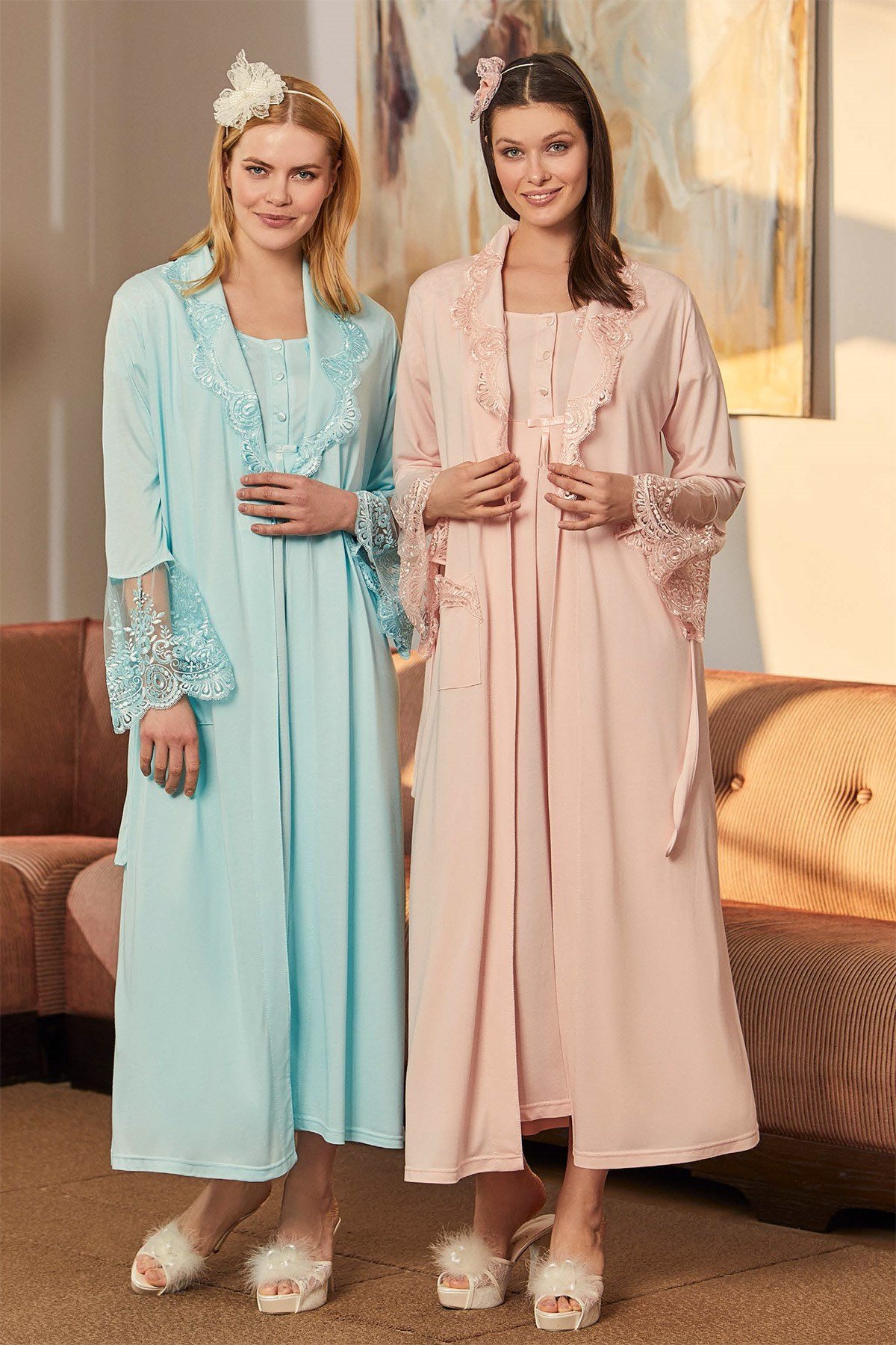 Mecit 5215 Dantel Detaylı Uzun Sabahlıklı Lohusa Gecelik Takımı