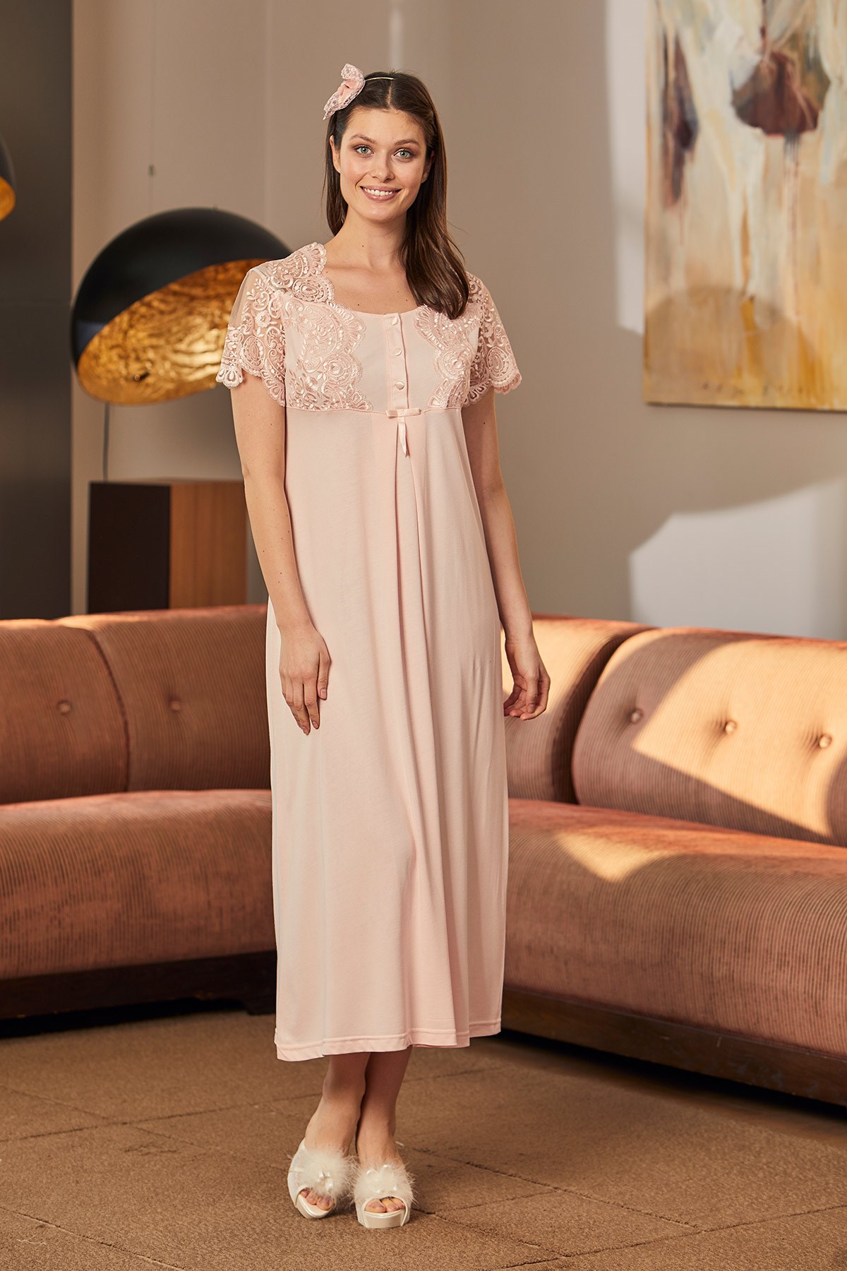 Mecit 5215 Dantel Detaylı Uzun Sabahlıklı Lohusa Gecelik Takımı