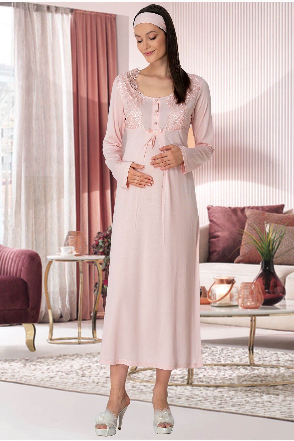 Mecit 5354 Pudra Dantel Sabahlıklı Lohusa Gecelik