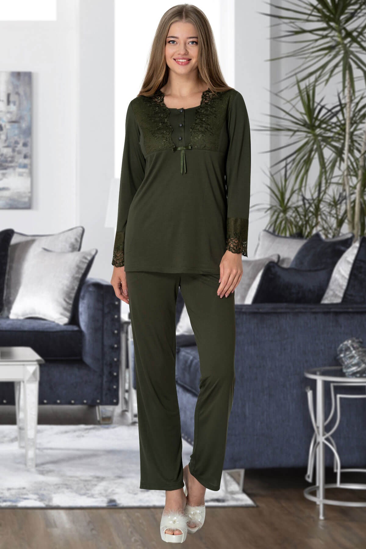 Mecit 5357 Yeşil Kadife Sabahlıklı Lohusa Pijama Takımı