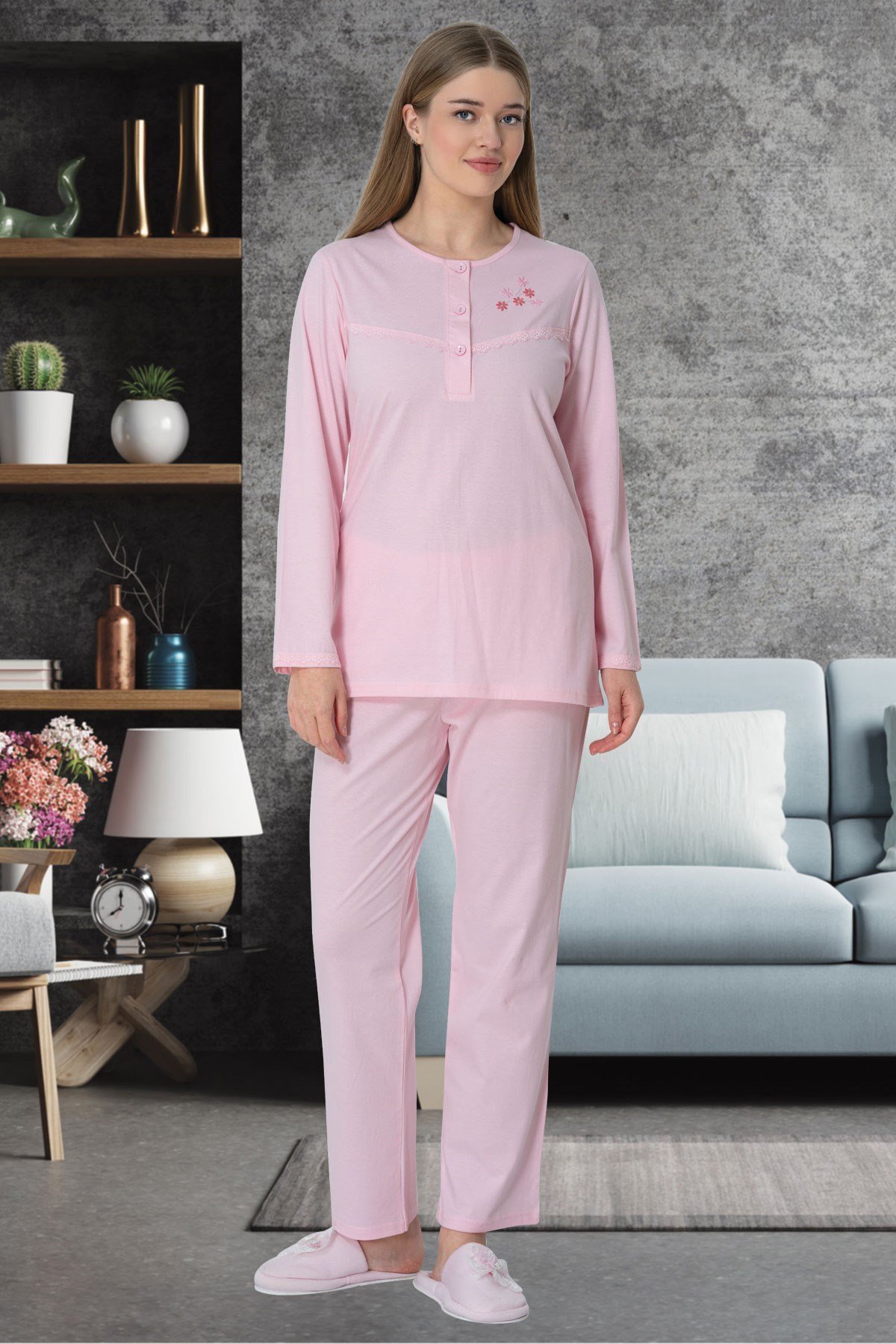 Mecit 5637 Pembe Büyük Beden Kadın Pamuk Pijama Takımı
