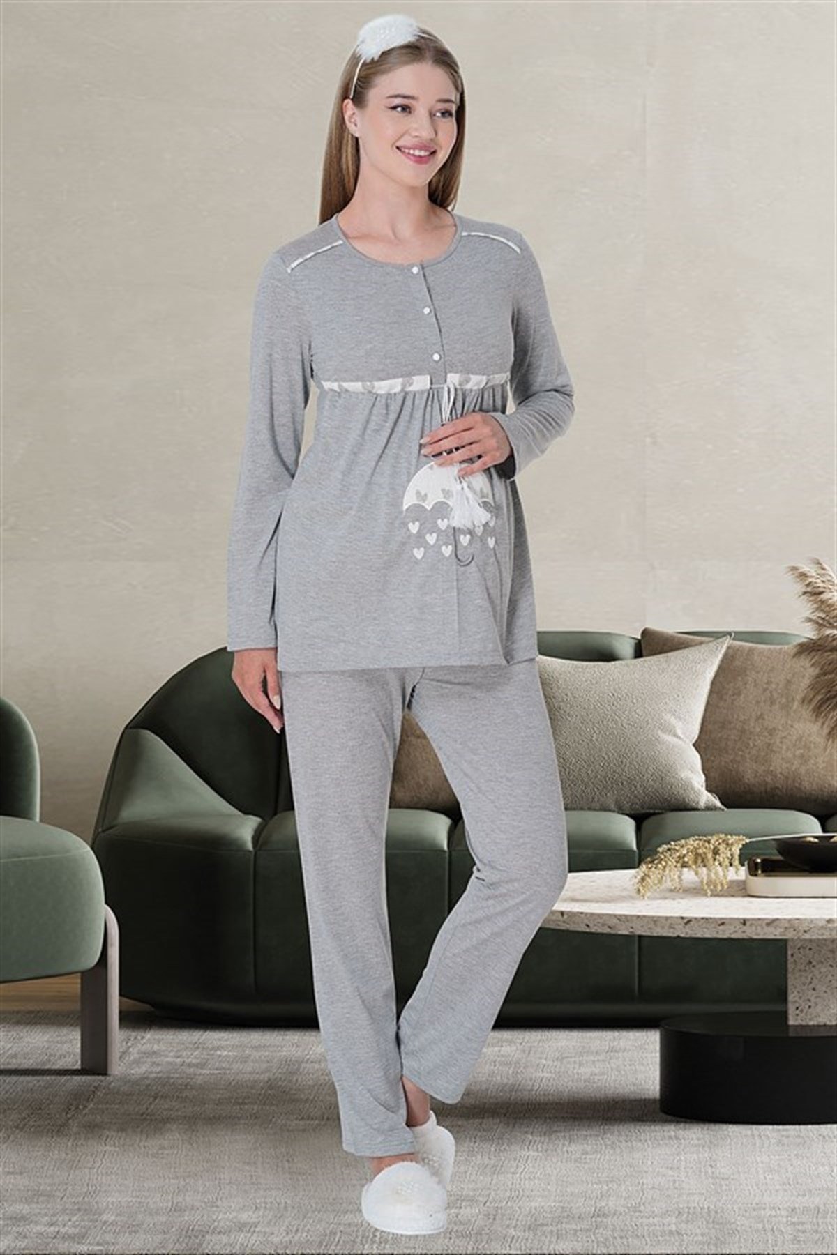 Mecit 5706 Gri Sabahlıklı Lohusa Pijama Takımı