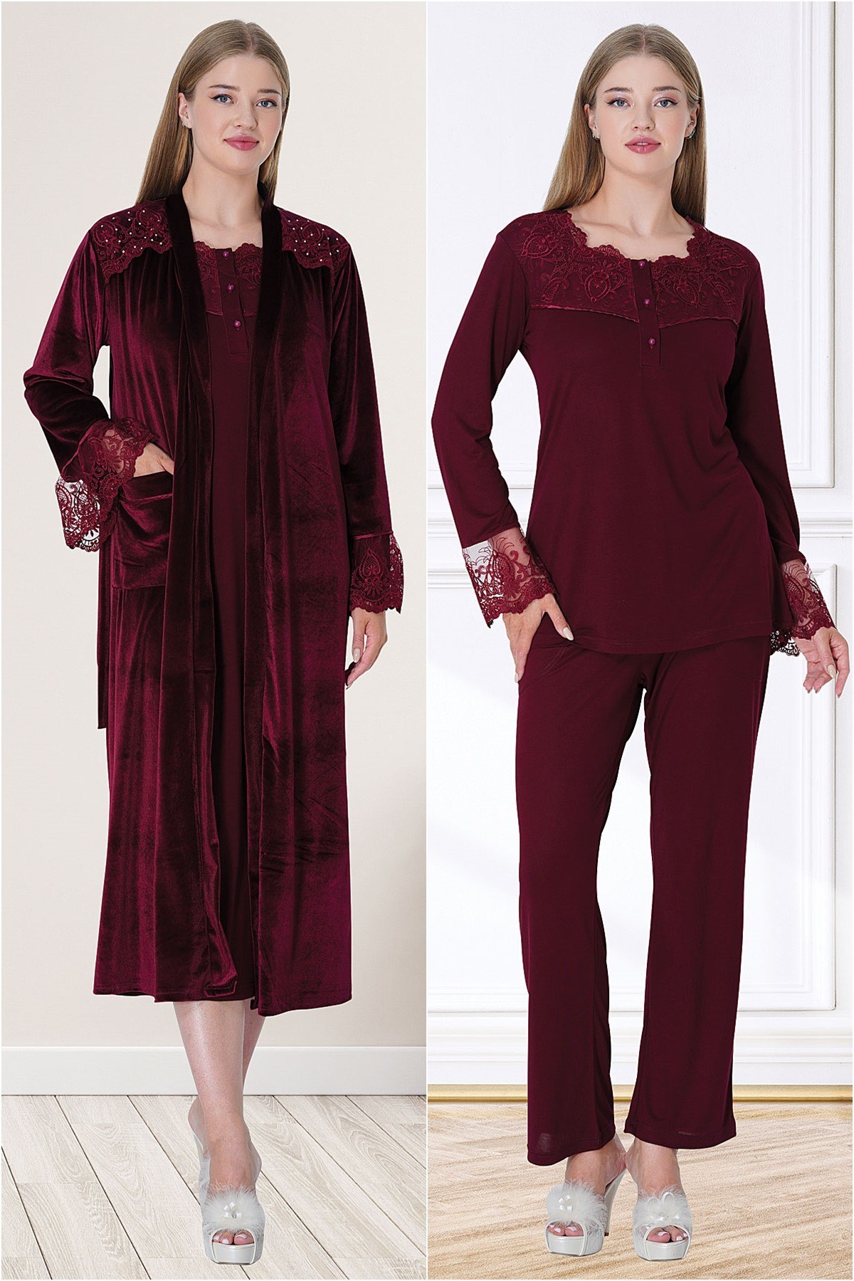 Mecit 5724 Bordo Kadife Sabahlıklı Lohusa 4lü Set