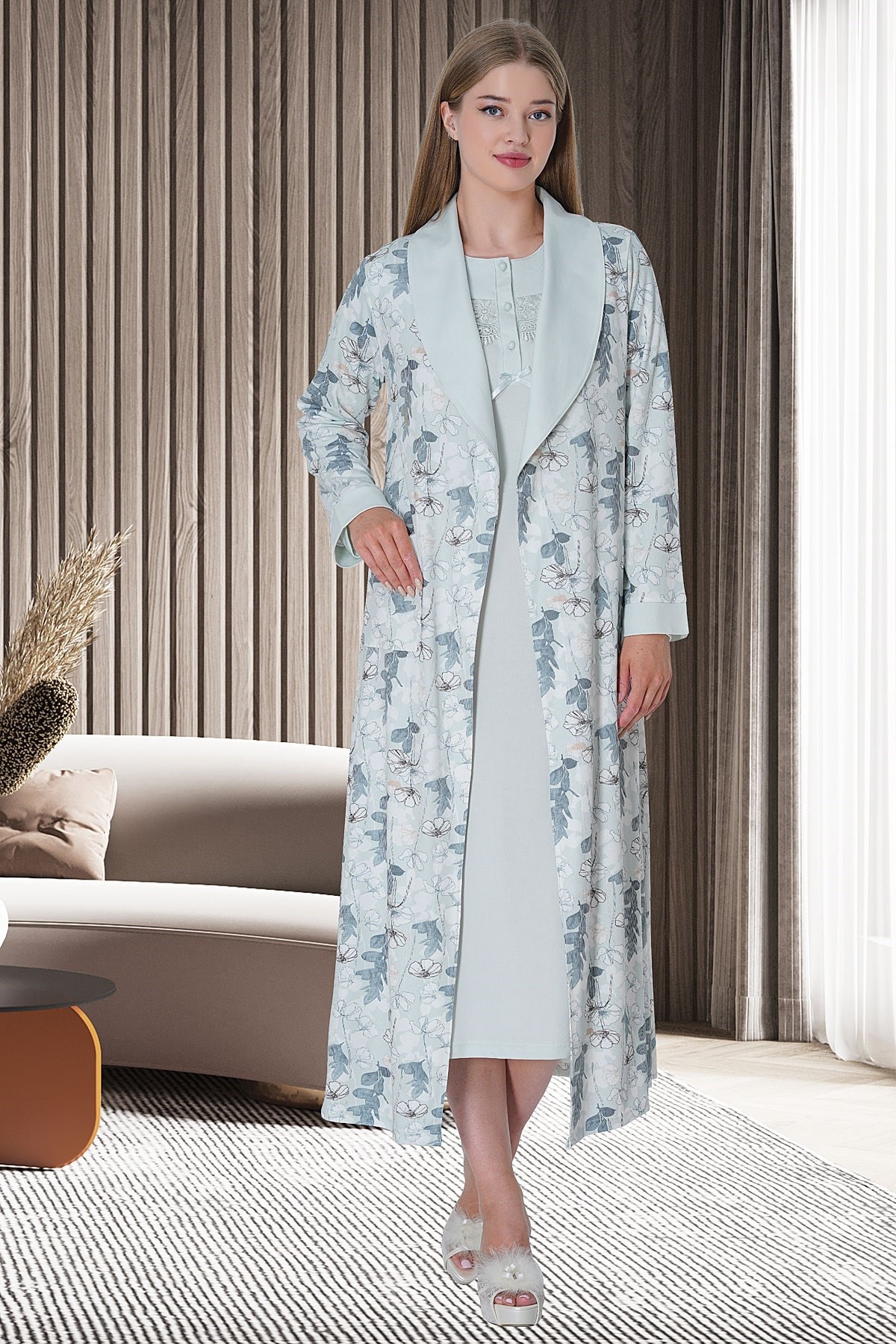 Mecit 5733 Mavi Kadın Sabahlık Gecelik Takım