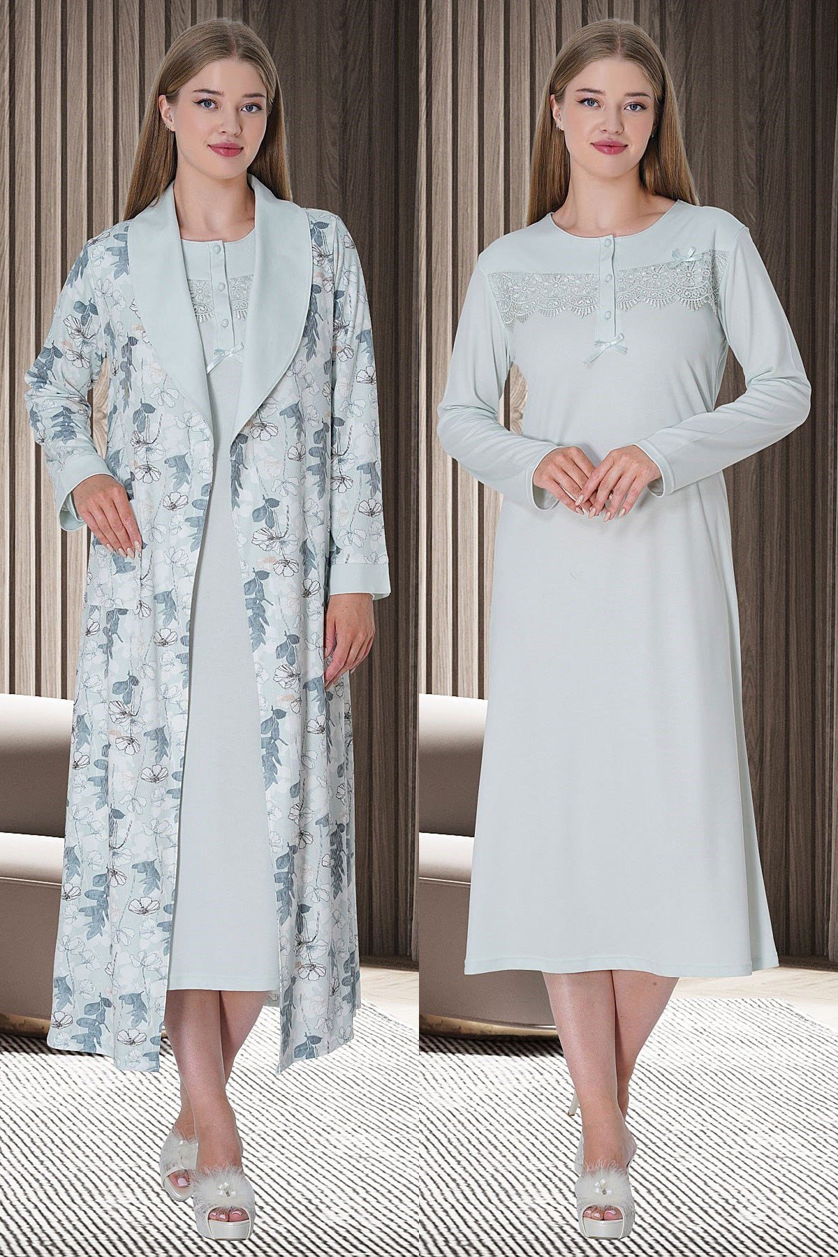 Mecit 5733 Mavi Kadın Sabahlık Gecelik Takım
