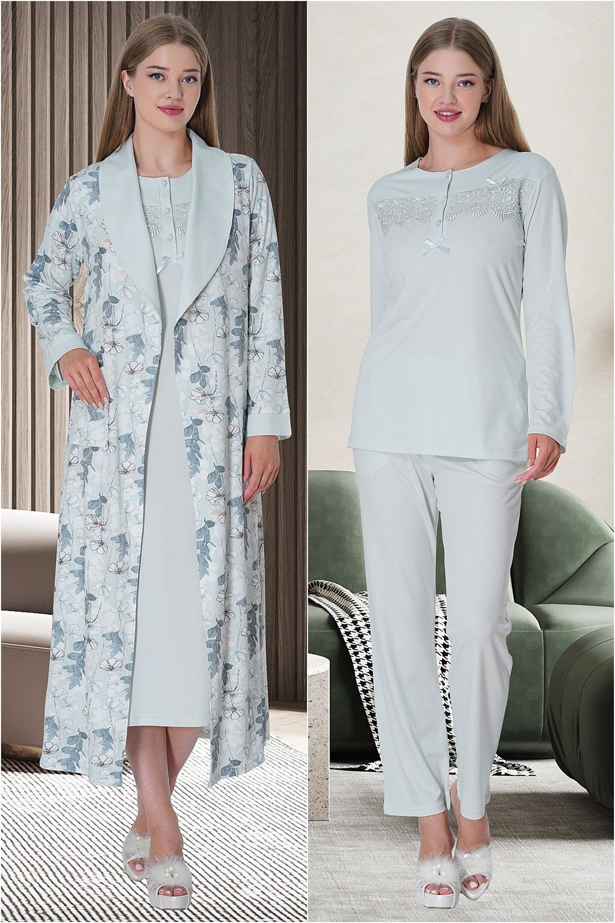 Mecit 5735 Mavi Kadın Sabahlık Pijama Gecelik Set