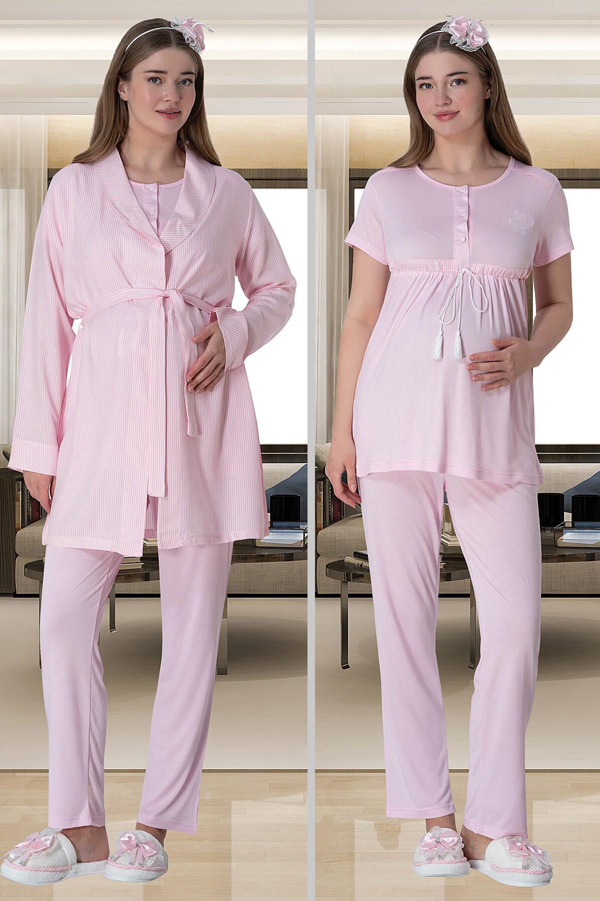 Mecit 6001 Pembe Çizgili Sabahlıklı Lohusa Pijama Takımı