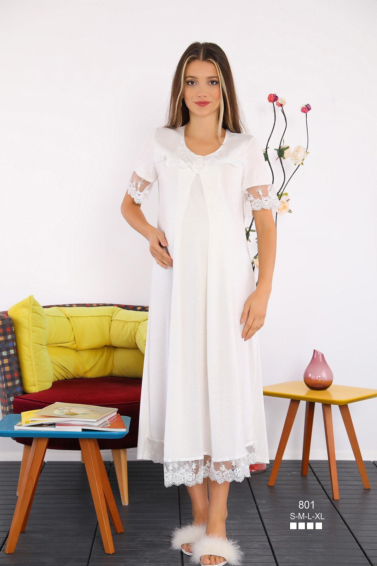 Miss Mirella 801 Tül Dantel Sabahlıklı Lohusa Gecelik Takımı