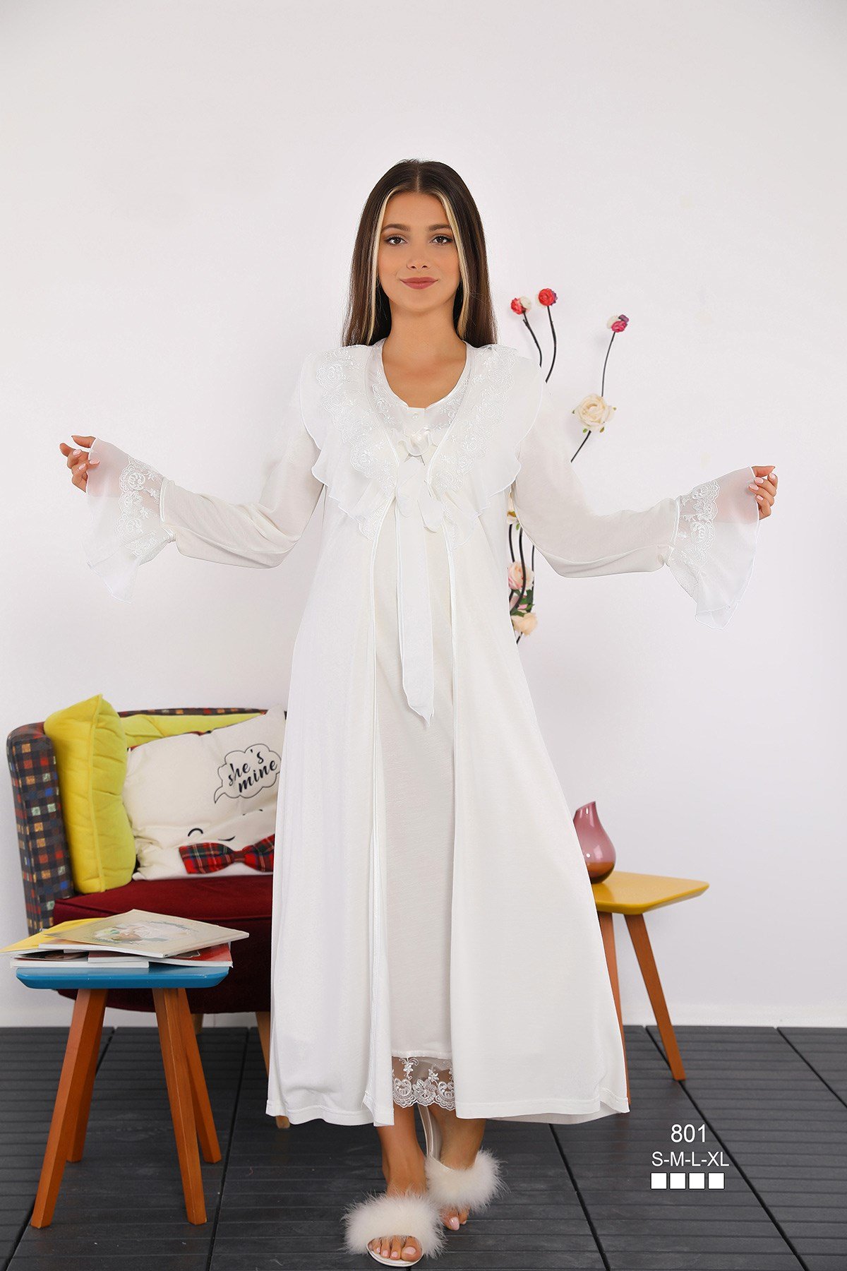 Miss Mirella 801 Tül Dantel Sabahlıklı Lohusa Gecelik Takımı