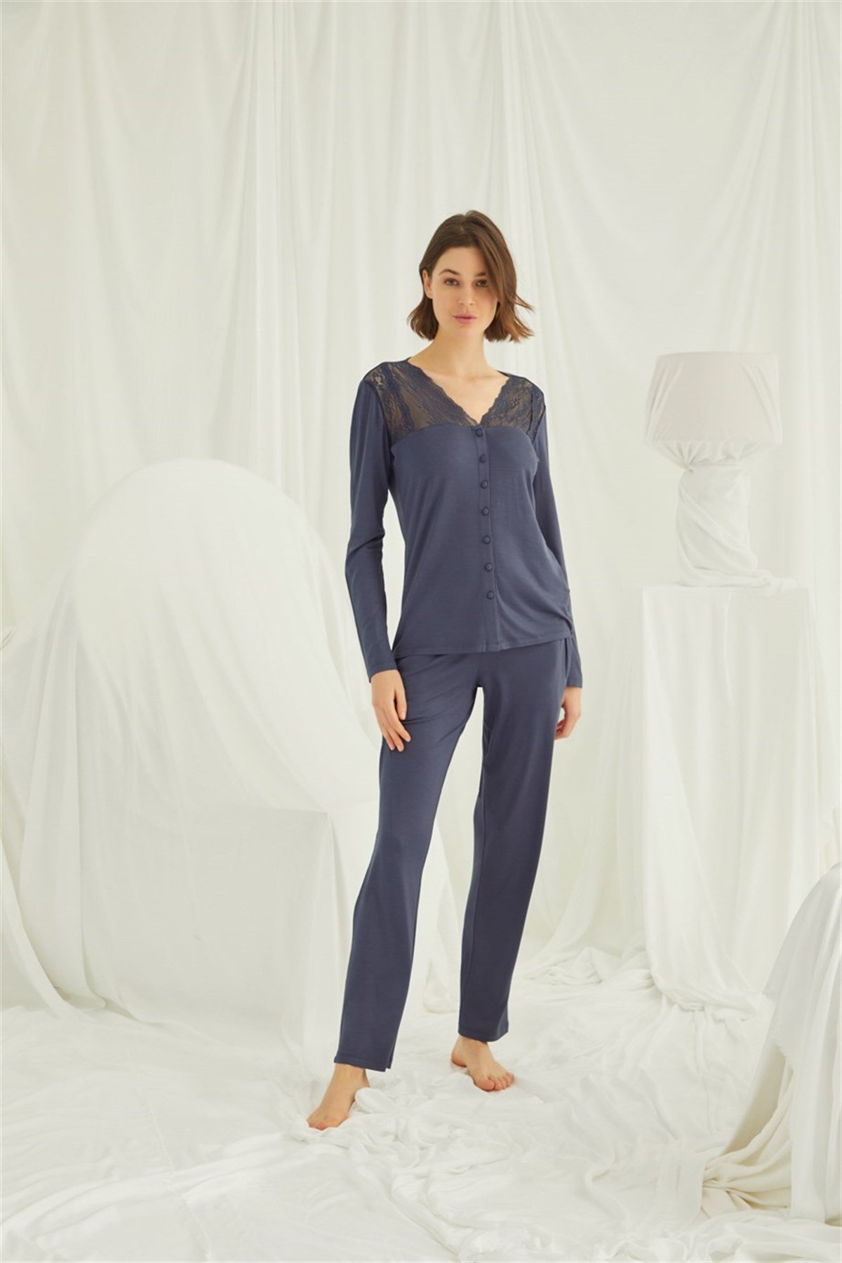 Monamise 18209 Navy Blue Front Buttoned Maternity Pajama