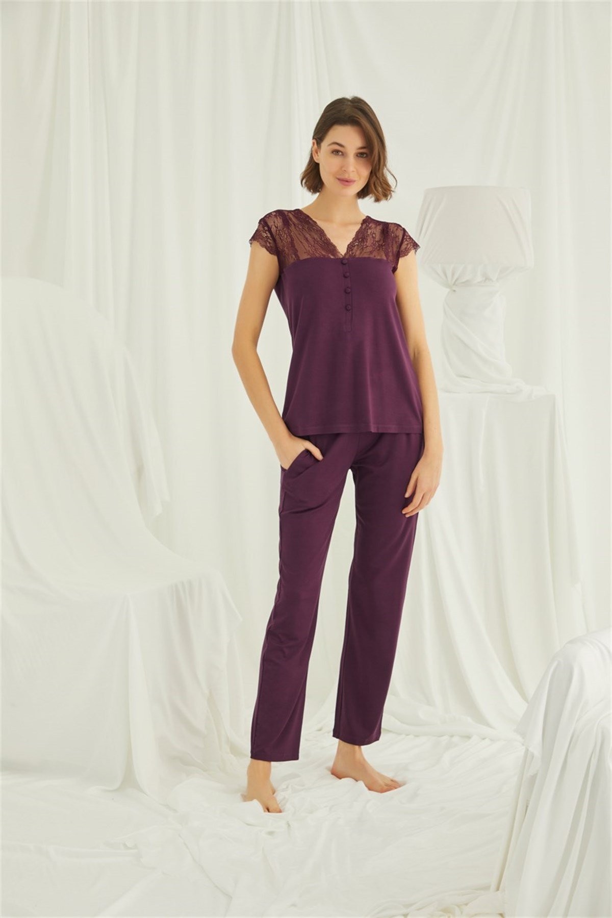 Monamise 18420 Burgundy Lace Detailed Shoulders Maternity Pajama
