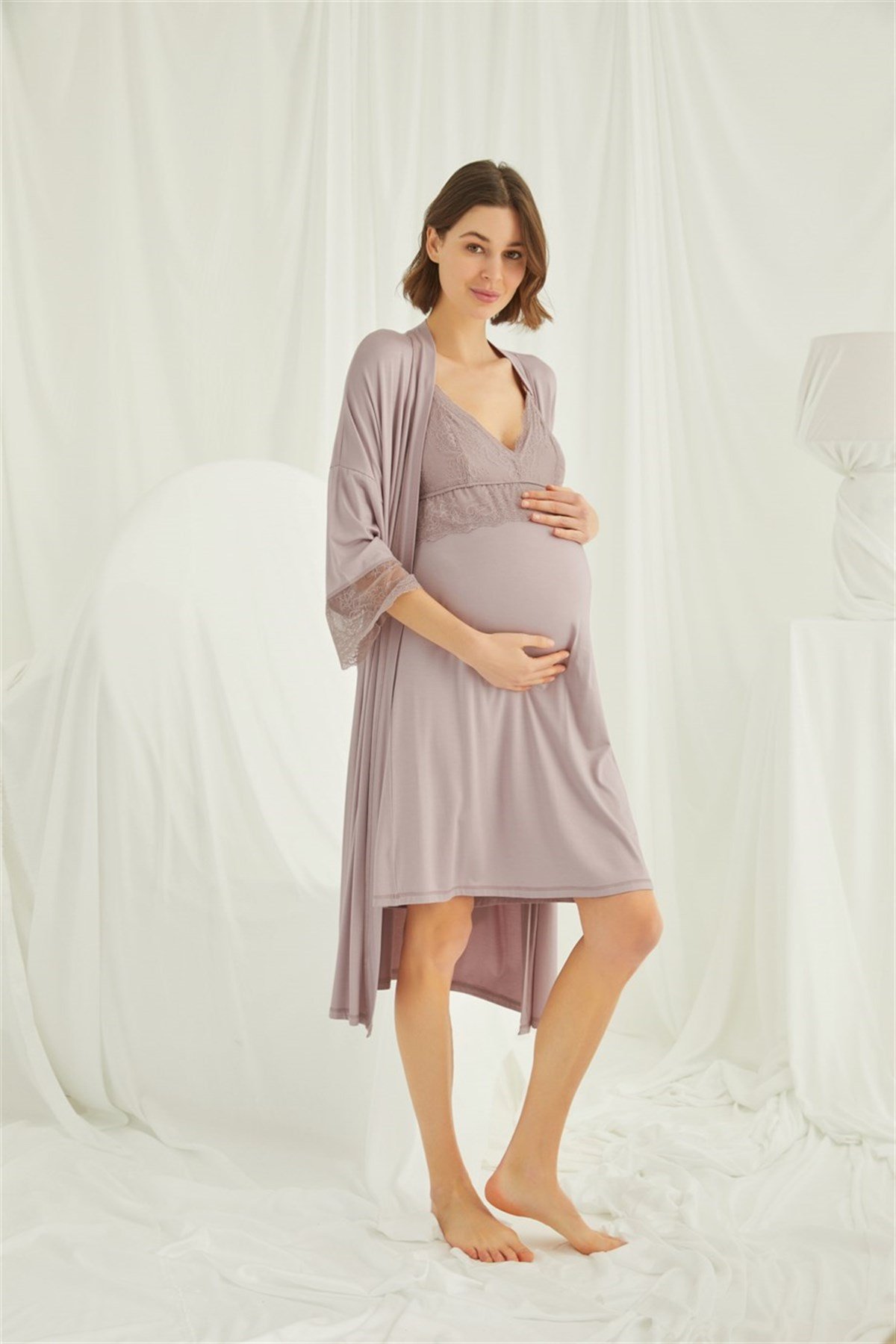 Monamise 18430 milk Maternity Nightgown with Long Robe Set