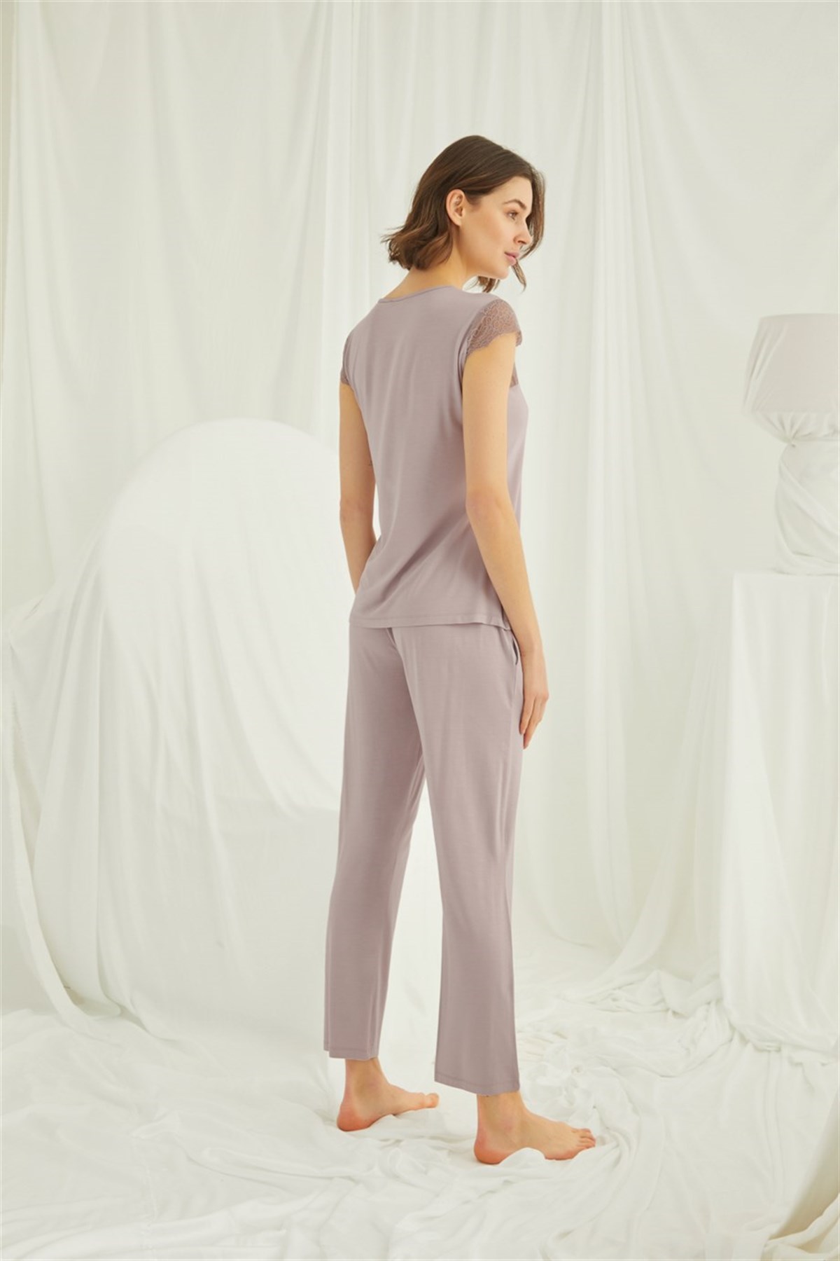 Monamise 18437 Mink Lace Detailed Shoulders Half Buttoned Front Maternity Pajama