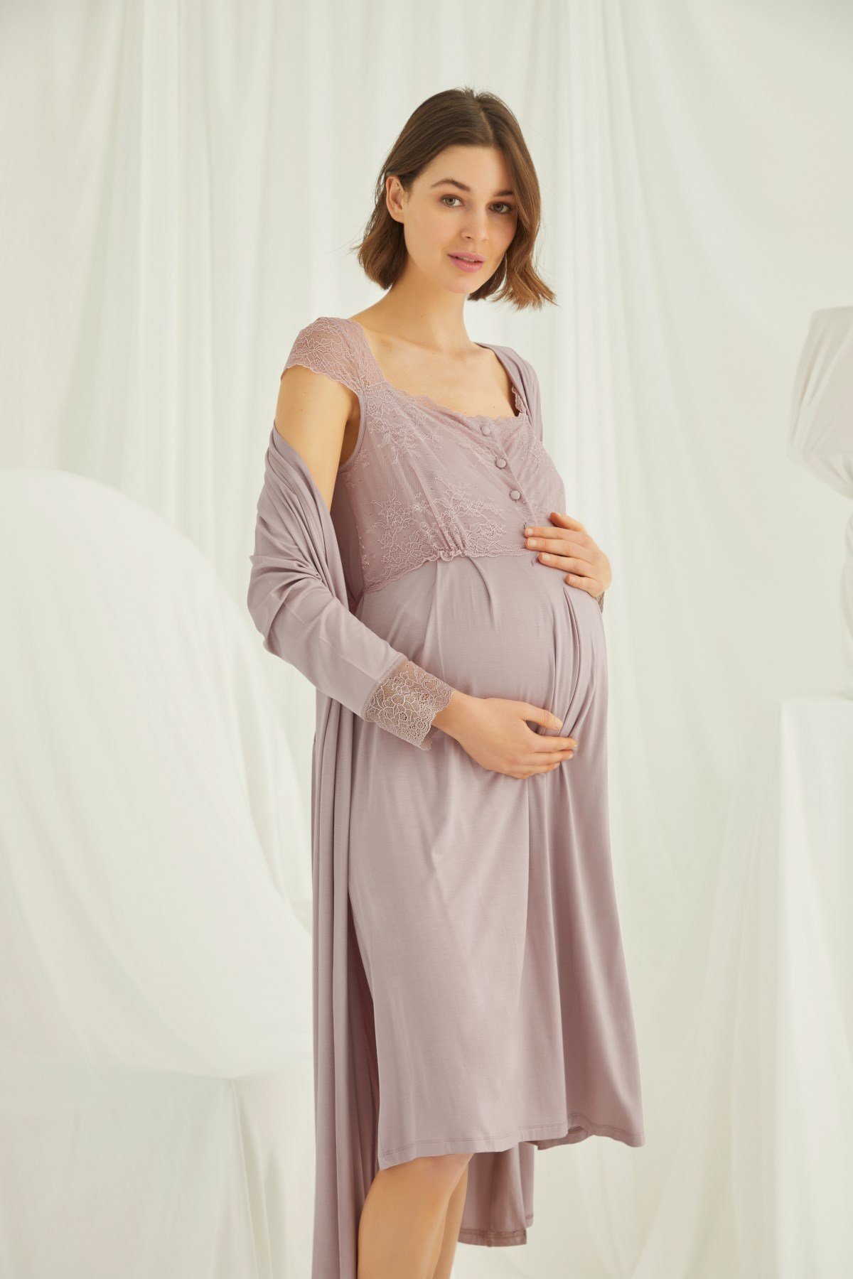 Monamise 18438 Mink Color Maternity Nightgown with Robe Sets
