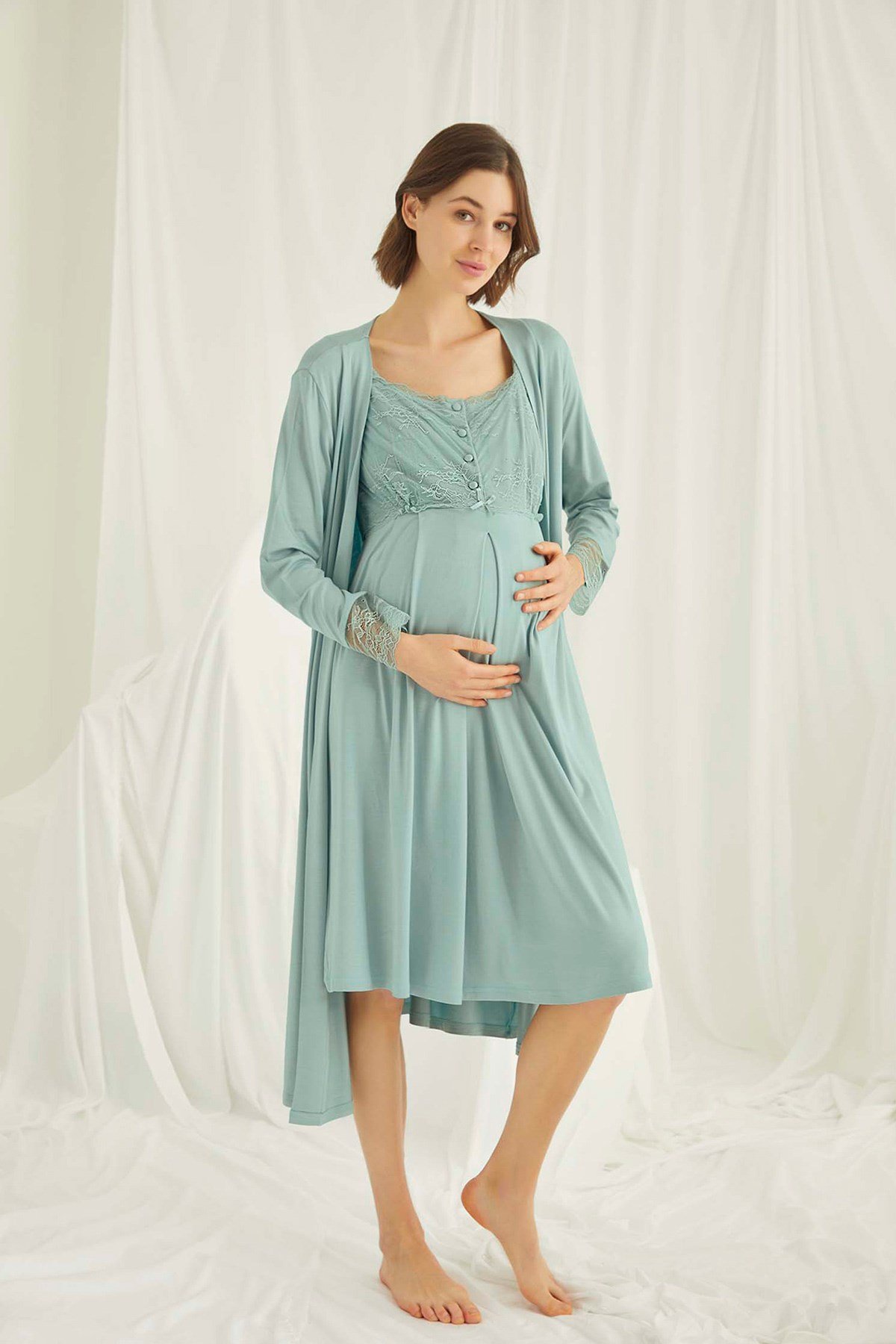 Monamise 18467 Dantel Sabahlıklı Lohusa Gecelik Takımı