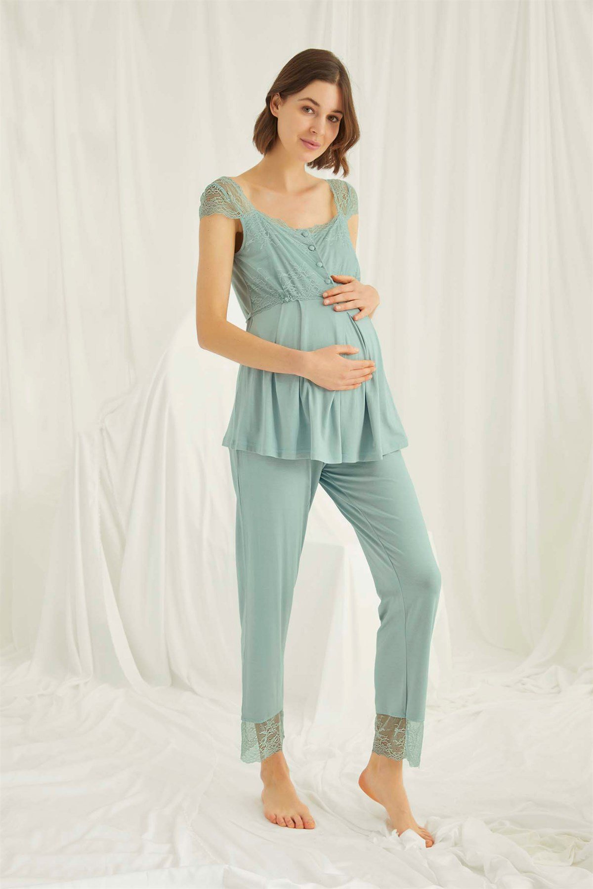 Monamise 18468 Dantel Sabahlıklı Lohusa Pijama Takımı