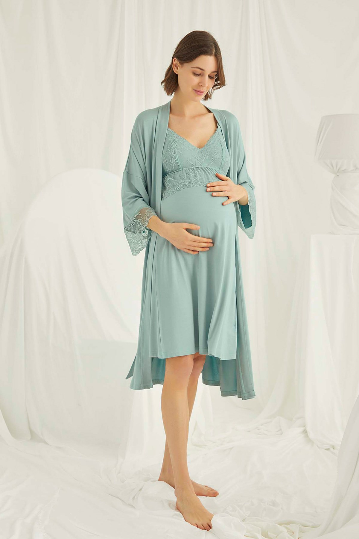 Monamise 18470 Dantel Sabahlıklı Lohusa Gecelik Takımı