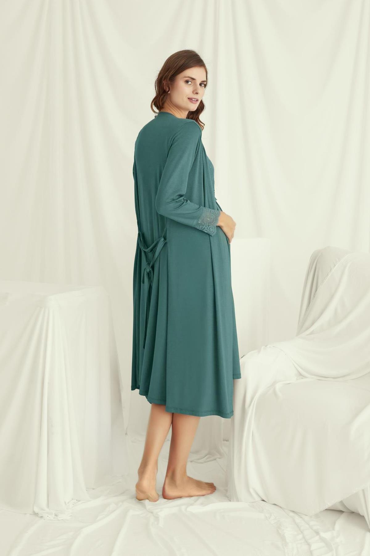 Monamise 18534 Sabahlıklı Omuzları Dantel Detaylı Lohusa Gecelik Takımı