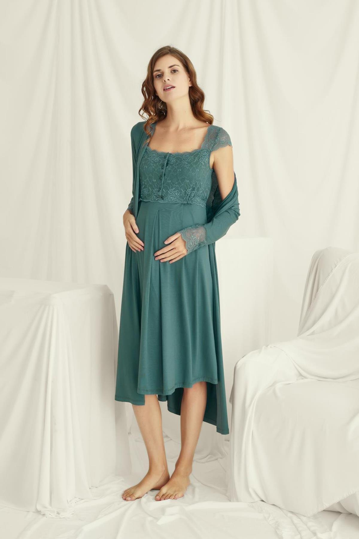 Monamise 18534 Sabahlıklı Omuzları Dantel Detaylı Lohusa Gecelik Takımı