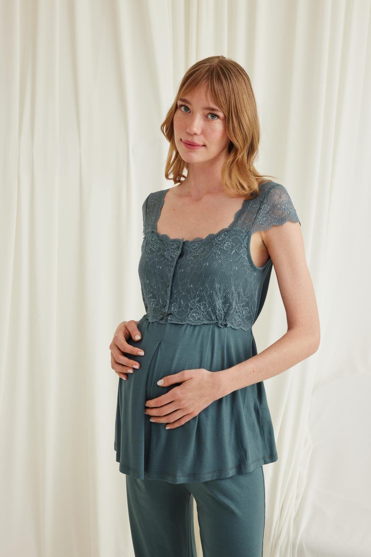 Monamise 18535 Sabahlıklı Omuzları Dantel Detaylı Lohusa Pijama Takımı