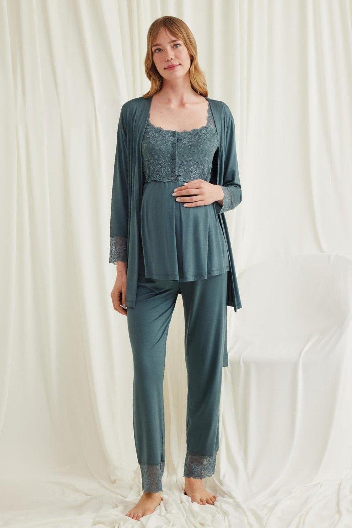 Monamise 18535 Sabahlıklı Omuzları Dantel Detaylı Lohusa Pijama Takımı