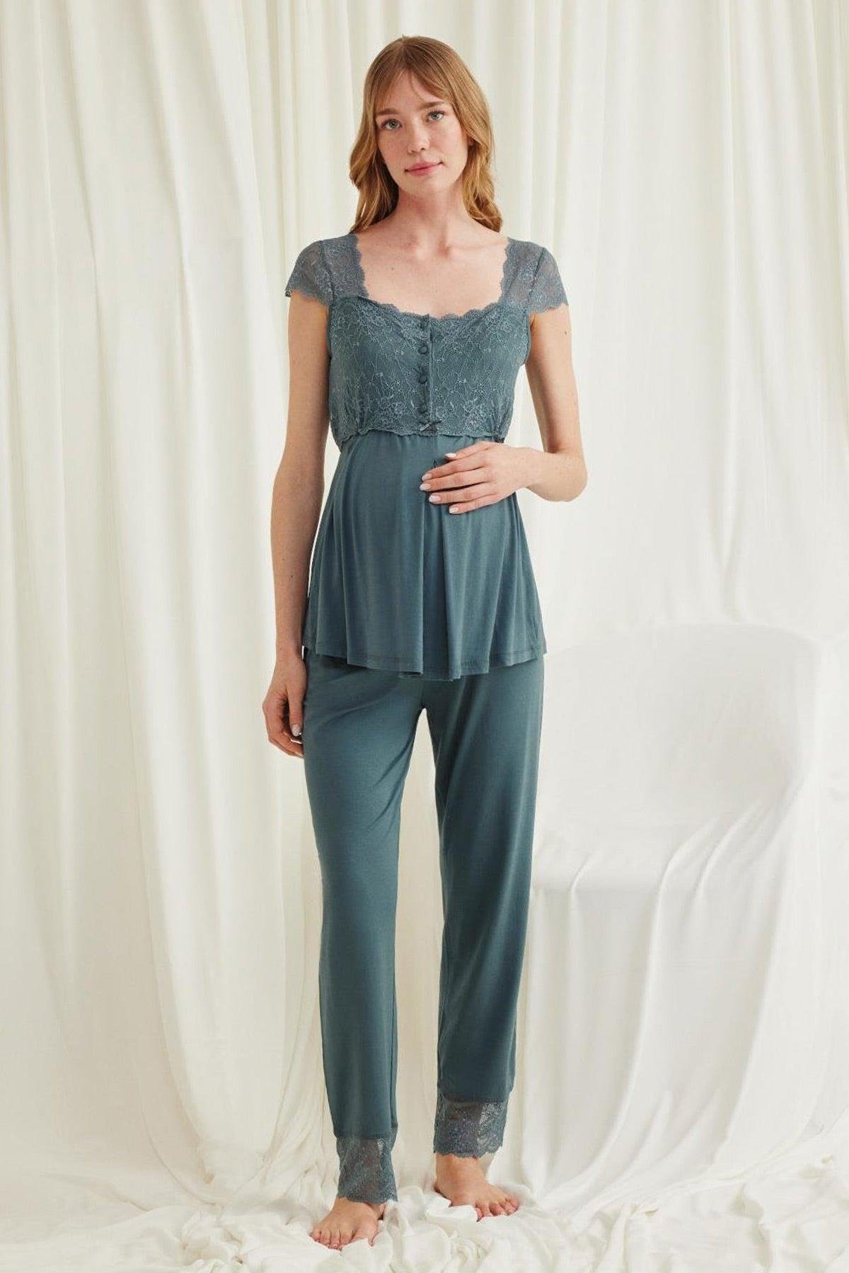 Monamise 18535 Sabahlıklı Omuzları Dantel Detaylı Lohusa Pijama Takımı