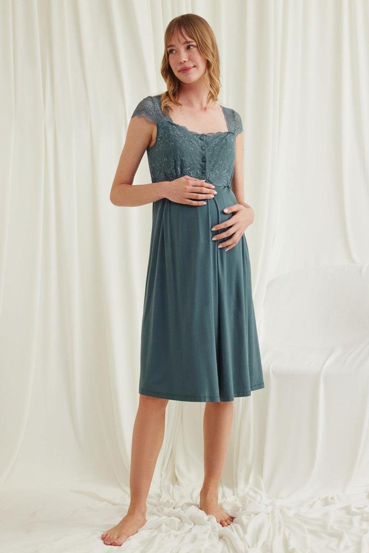 Monamise 18536 Lace Detailed Maternity Nightgown with Breastfeeding Features